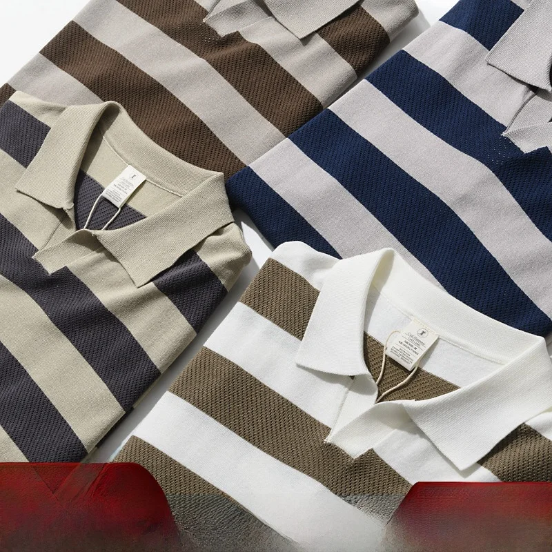

American Retro O-Neck Cool Sensation Breathable Summer Men's Lightweight Stripe Knitted Shirt Versatile Short Sleeve T-Shirt