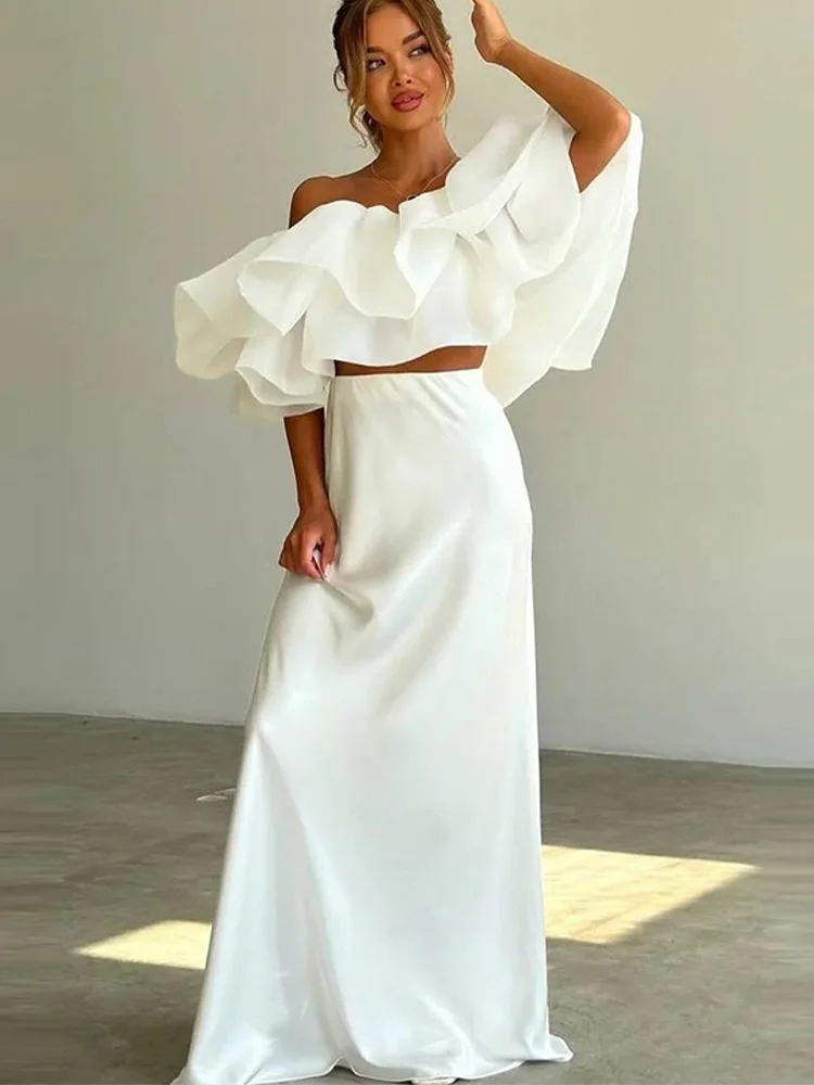 

Flounce Short Top Half Skirt Woman Set Off Shoulder Solid Color Tops High Waist Straight Long Skirts Elegant Chic Women's Suits