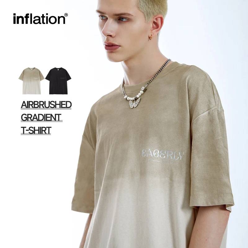 INFLATION Retro Drop Shoulder Cotton Tees Summer Trendy Hand Spray Gradient Streetwear Tshirt