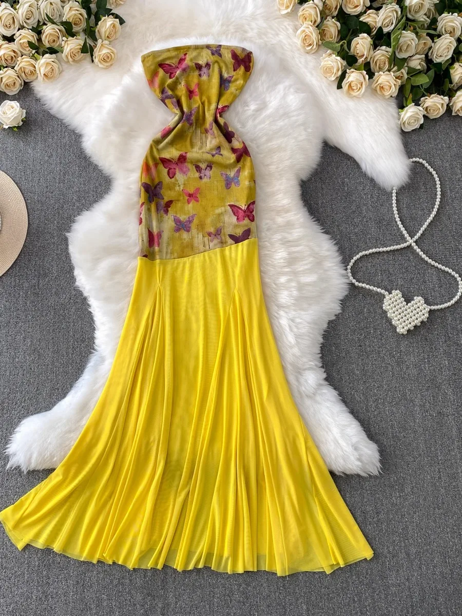 Foamlina Nowa Elegancka Sukienka Maxi Bez Ramiączek z Nadrukiem Motyli, Letnia Sukienka Syrenka z Siateczkowymi Wstawkami, Wyszczuplająca w Talii