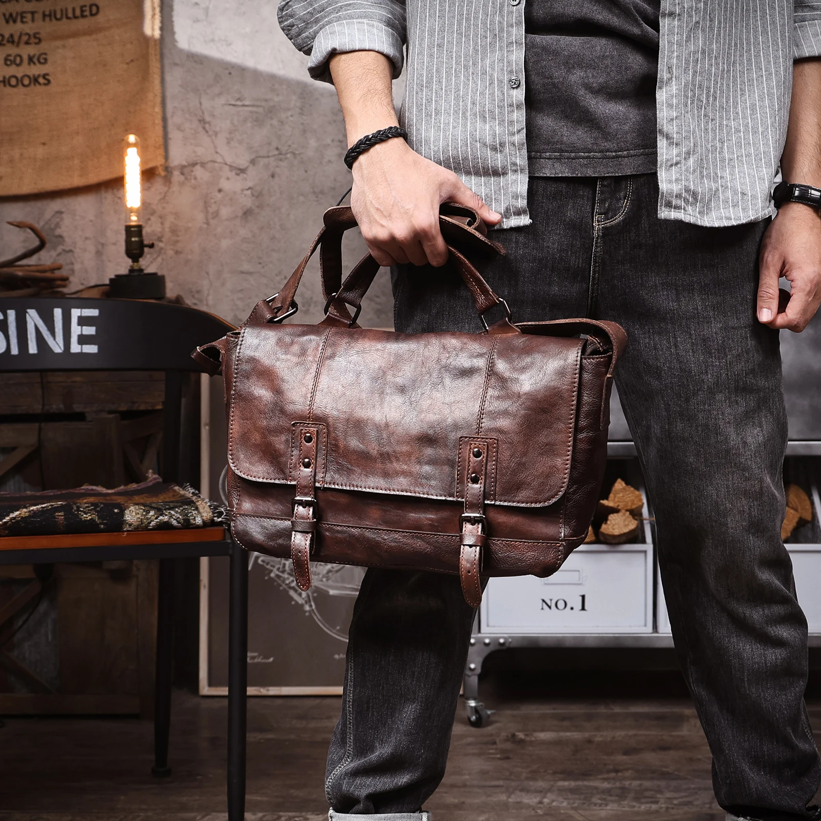 Vintage Herren-Umhängetasche aus hochwertigem Leder, lässige Messenger-Tasche, große horizontale quadratische Schultertasche – Detail 6