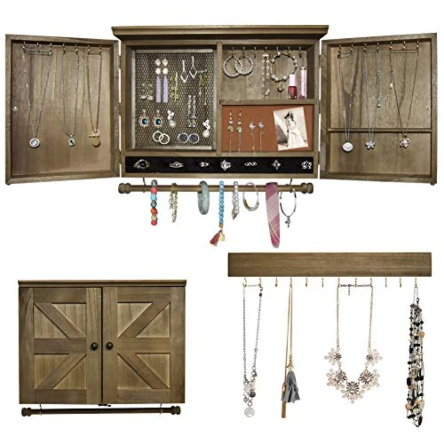 Wall Mounted Jewelry Organizer with Wooden Barndoor Decor Wall Mount HolderJewelry holder for Necklaces Earings Bracelets Ring
