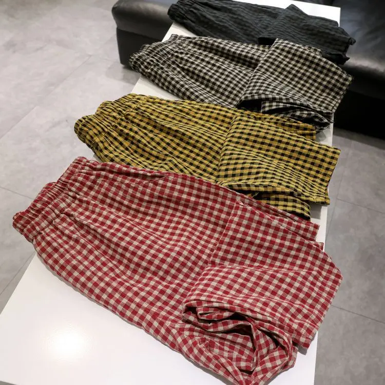 

Женские брюки-харлан больших размеров с высокой талией в клетку, летние свободные брюки, скрывающие недостатки фигуры, повседневные широкие брюки в корейском стиле для офиса и на каждый день