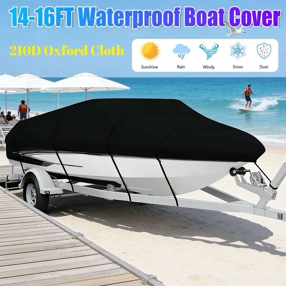 

14-16FT Boat Cover Waterproof Fishing Skiing Boat Protector Sunproof V-Shaped Hull Protector for Yachts Motors Rowing Boats