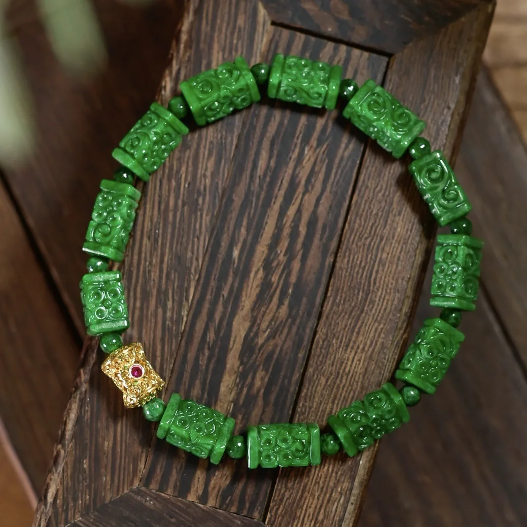 Natural A‑Grade Vivid Green Dry‑Green Jadeite Carved Square Column Bracelet,18K Gold Accent Chinese Style Bracelet for Women