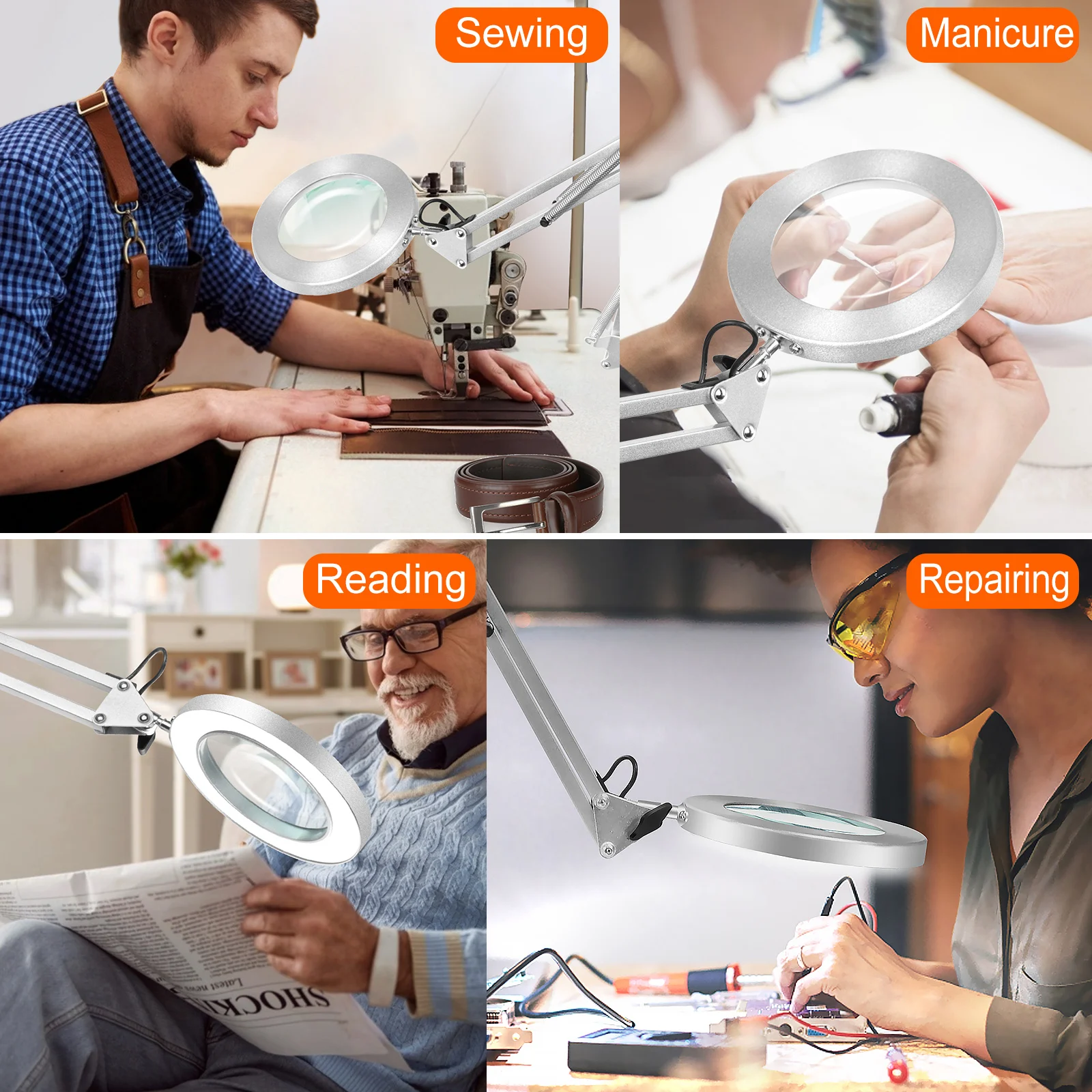 5X LED Magnifier Lamp Folding Swinging Arm USB Illuminated Magnifying Glass for Welding Reading Close Work Desk Lamp