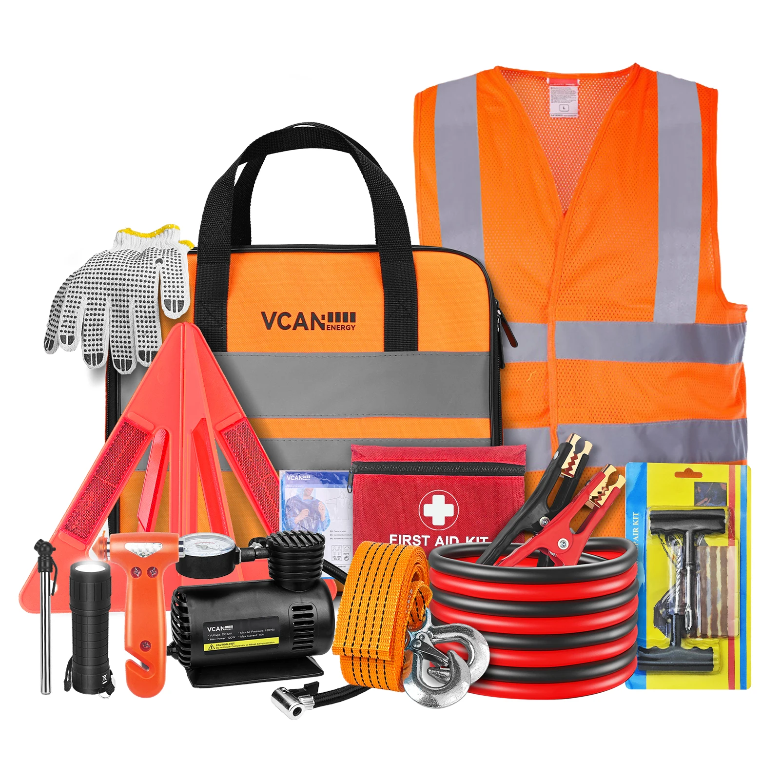 حقيبة أدوات السلامة في حالات الطوارئ مع ضاغط هواء محمول، كابلات توصيل معزز، مجموعة أدوات الإسعافات الأولية، مقياس ضغط الإطارات، سلامة السيارة #1
