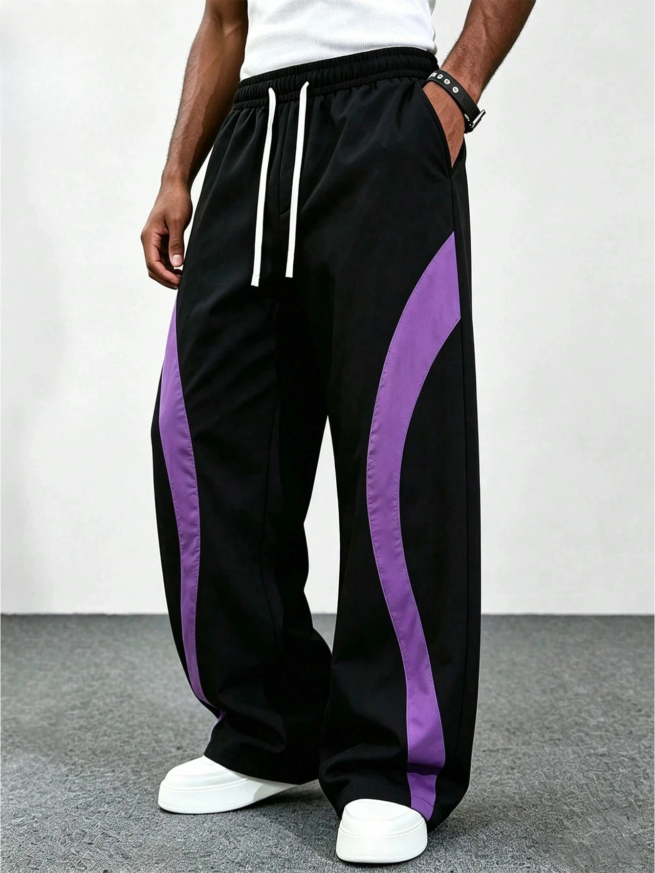 2026 Summer Color Block Track Pants Black Purple Curved Panel Drawstring Elastic Waist Loose Streetwear Casual Trousers Kids