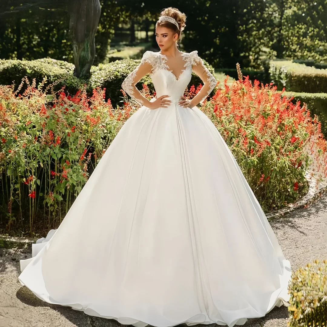 Robe de mariée princesse en Satin personnalisée, robe de bal à manches longues, robes de mariée de fête