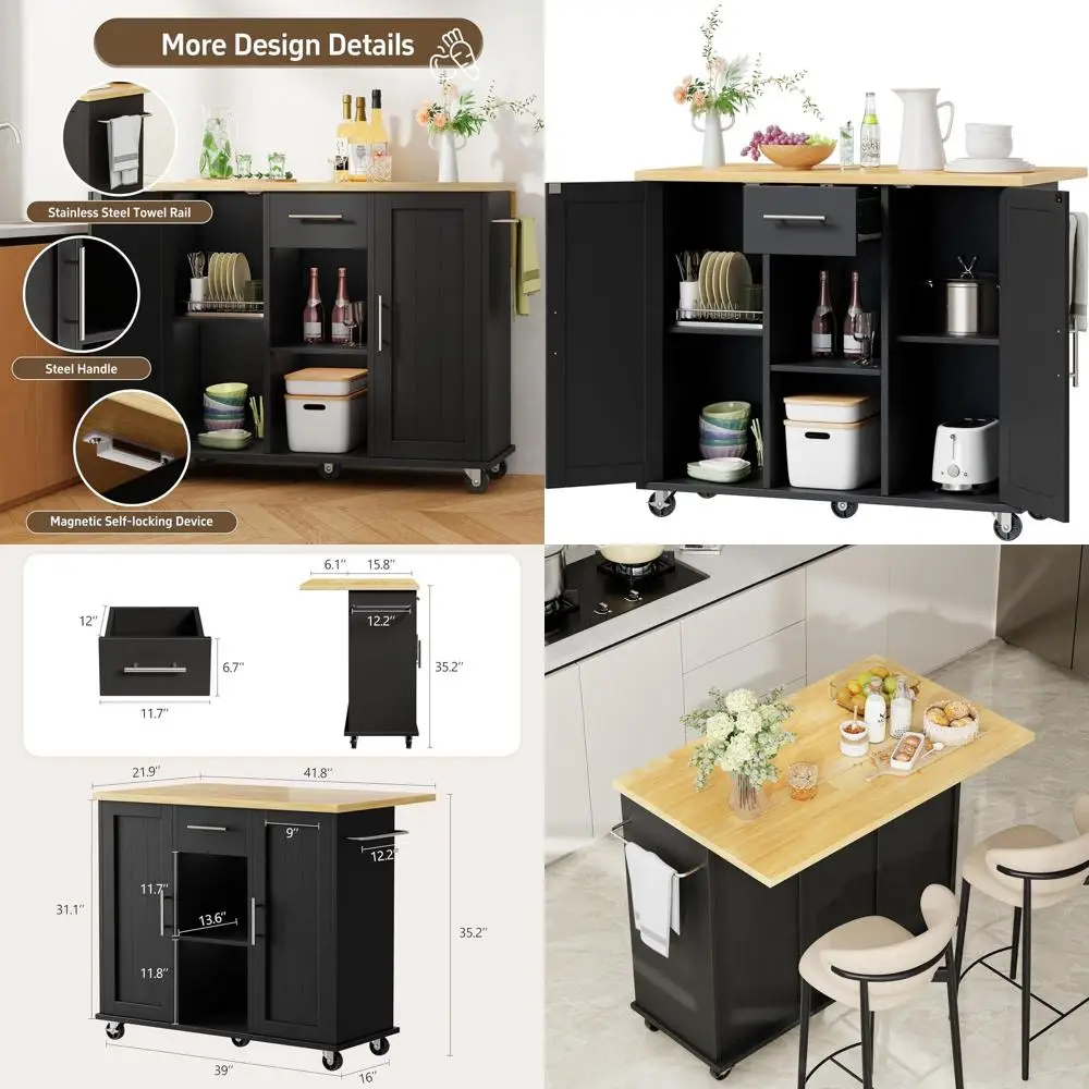 Black Kitchen Island with Storage, Bar Cart, Drop Leaf Table, Rolling Microwave Stand, Drawers, Towel Rack, and Seating