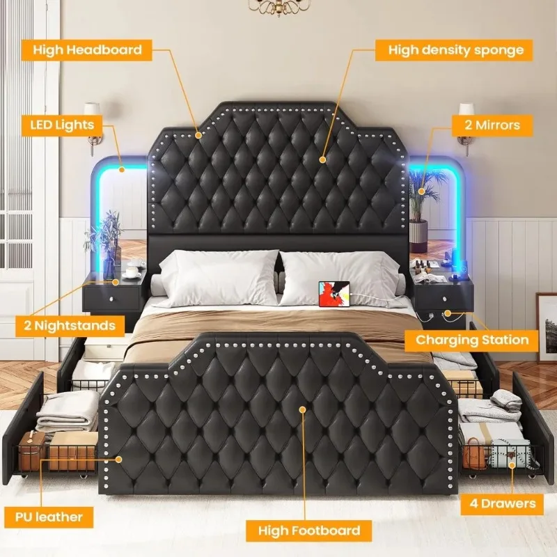 Size Upholstered Platform Bed Frame with Tall Headboard Storage Drawers Built in USB Charging Station LED Lights