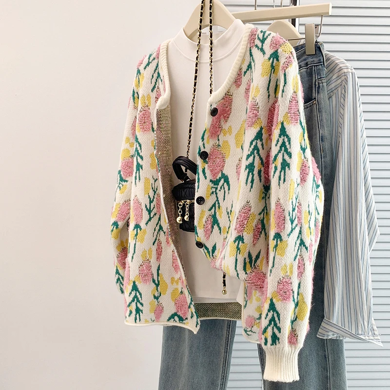 

Длинный вязаный свитер в стиле ретро, круглый Ne, с тяжелой вышивкой, осенне-зимний модный женский кардиган в горошек