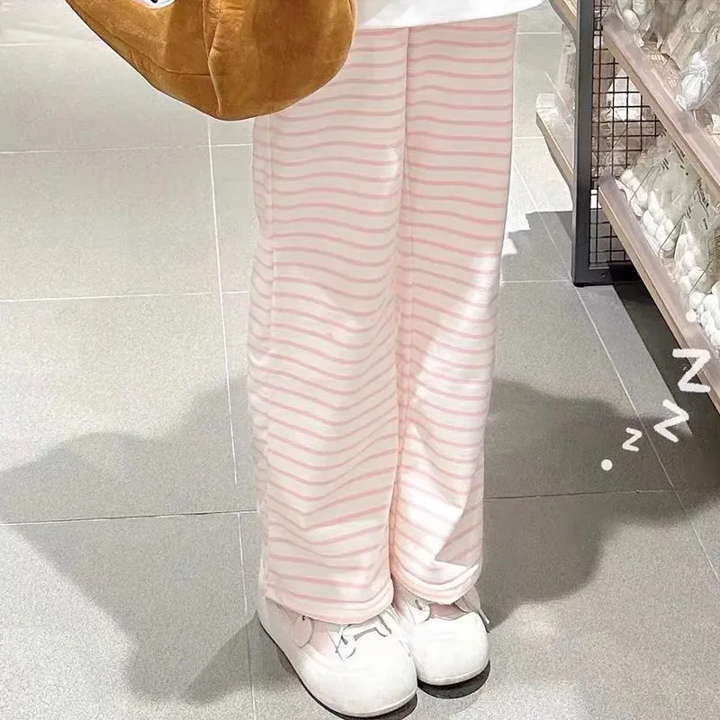

5XL милые полосатые брюки Y2K женские Kawaii Sweet Harajuku флисовые мягкие удобные спортивные штаны базовые мультяшные японские девчачьи брюки