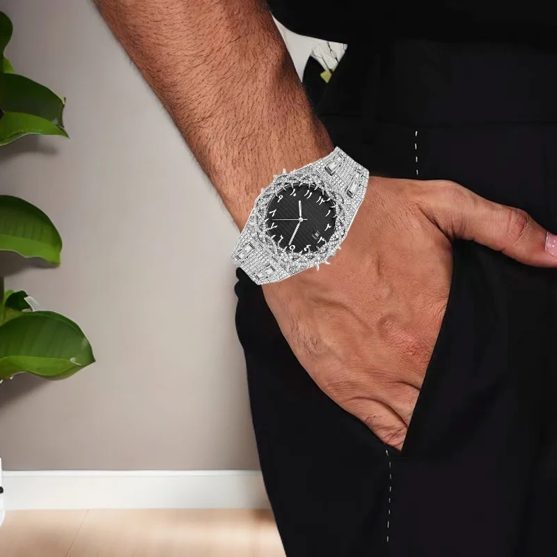 PINTIME شوكة تاج ساعات كوارتز موضة الهيب هوب مثلج ساعة اليد رجل قطرات الأعمال الفاخرة الكوارتز السادة ساعة