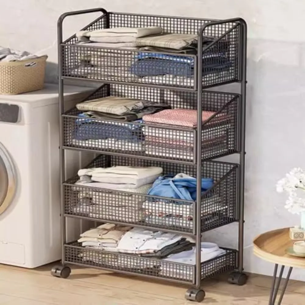 

Multifunctional Laundry Basket Heavy-Duty Metal Storage Cart with 360° Swivel Wheels, 2/3/4 Tier Clothes Hamper Large Capacity,