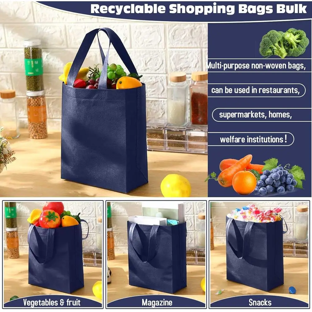 حقائب يد قابلة لإعادة الاستخدام مكونة من 200 قطعة، مقاس 8 × 4 × 10 بوصة، غير منسوجة، بقالة باللون الأزرق الداكن وحقائب هدايا