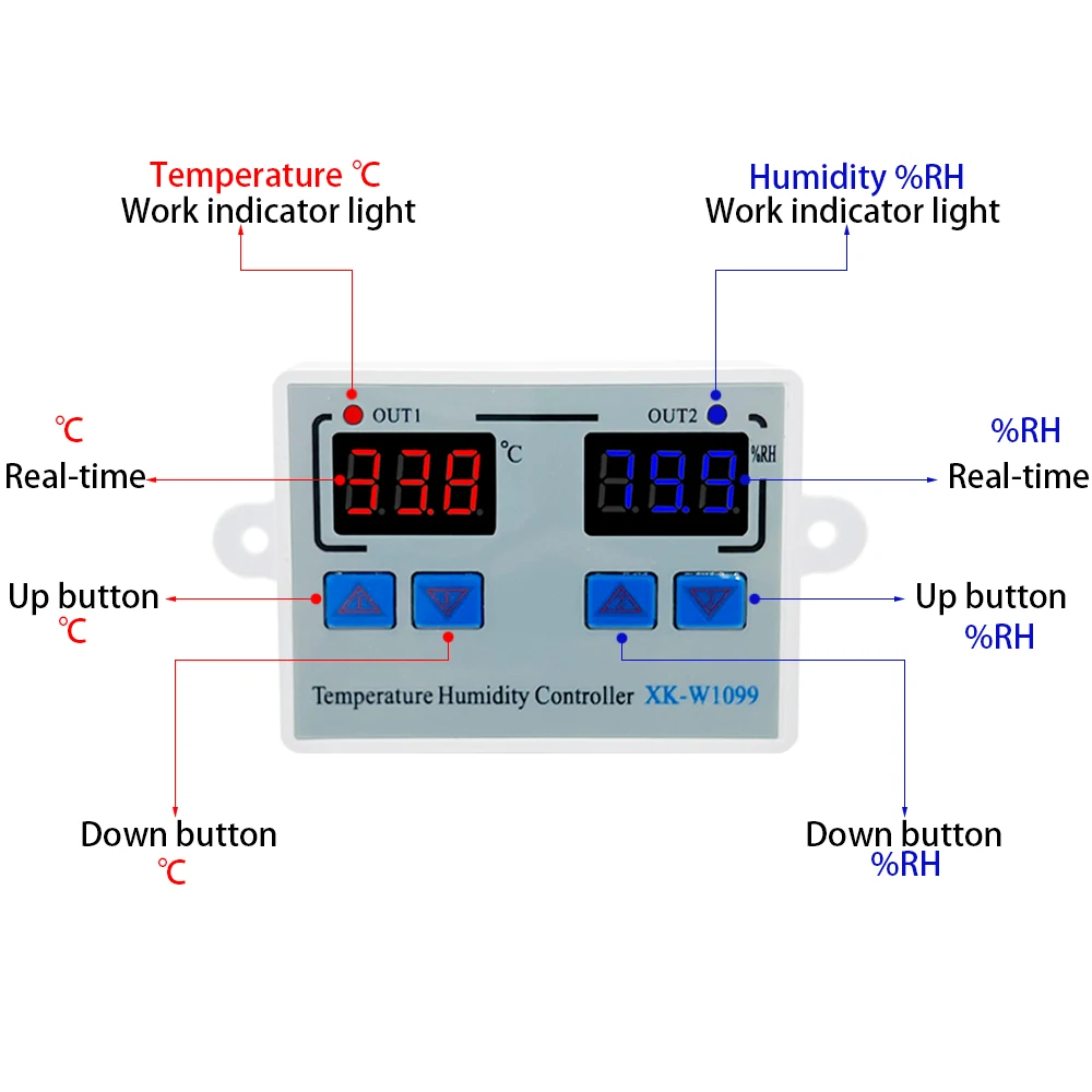 W1099 DC 12V 24V AC 110-220V Digital Temperature Humidity Controller Egg Incubator Thermostat Humidity Controller Regulator