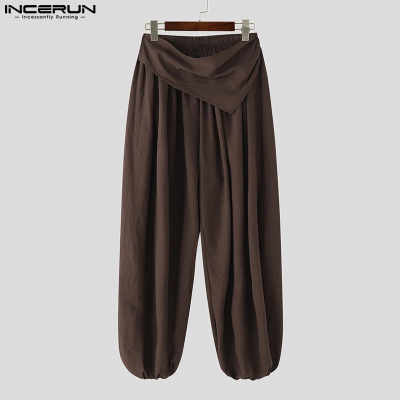 

INCERUN Men Pants Solid Color Elastic Waist Joggers Pleated Casual Trousers Men 2025 Streetwear Oversize Vintage Male Long Pants