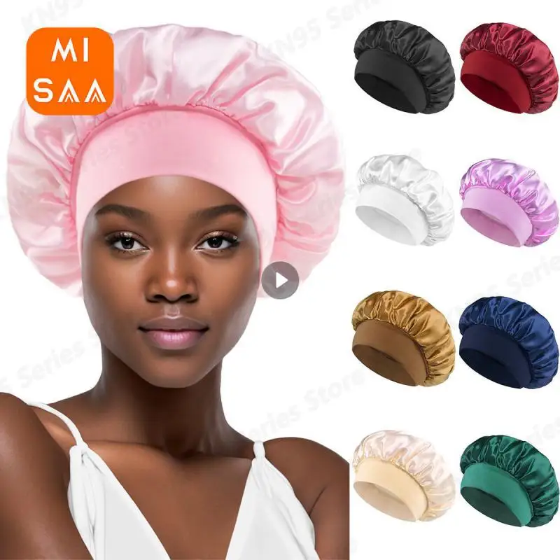 Women\'s Satin Sleeping Hat Round Wide-brimmed Hair Care Cap with Elastic Band Unisex Head Wrap Headwear Night Hat Bonnet