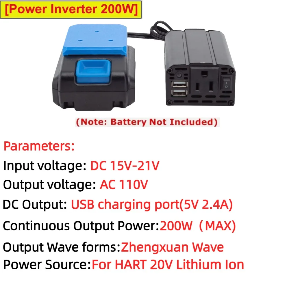 

200W Portable Power Inverter Outlet Adapter for HART 20V Lithium Ion ,DC 20V To AC 110V Powered with Dual USB 5V 2.4A