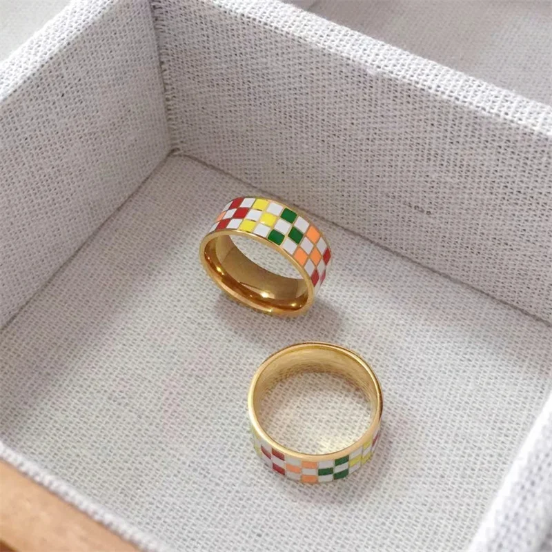 Waterproof Colorful Enamel Plaid Rings For Women Stainless Steel Finger Ring 2023 Trend Femme Aesthetic Jewelry anillos mujer