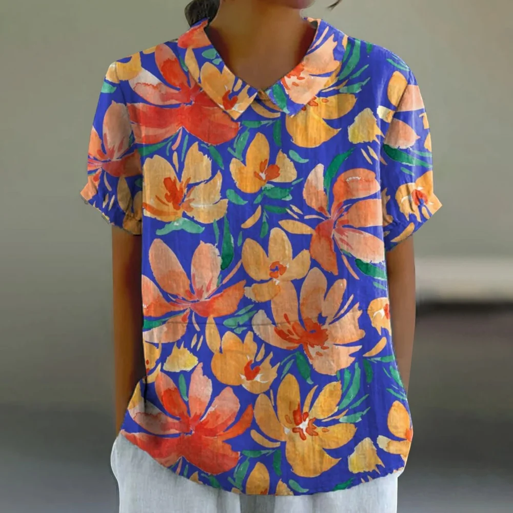 Woman Blouses Retro Floral Pattern Print T-Shirt Summer Fashion Outdoor Lapel Short Sleeve Tops Women Pulovers Blouse Clothing
