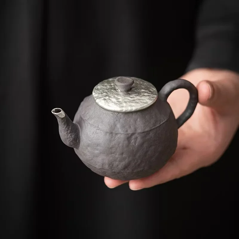 180ML Japanese Coarse Pottery Fleeting Pot To Boil Tea Retro Old Rock Mud Hand-painted Silver Pottery Pot Household Tea Maker