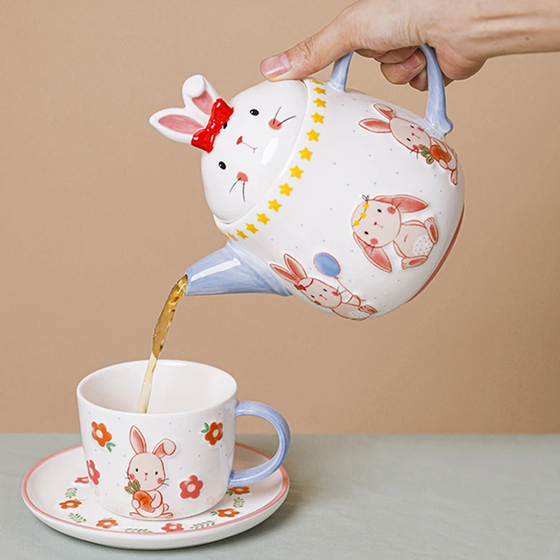 Ceramic Animal Embossed Teapot Water Pitcher Coffee Cup Saucer Milk Mug Tea Cup Relief Rabbit Design Spoon Drinkware Jug