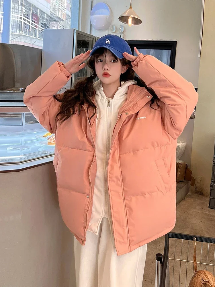 Women Korean Style Long Sleeve Oversize Winter Clothes 2024 New  Jacket Short Parkas Hooded Solid Color Down Cotton Coat