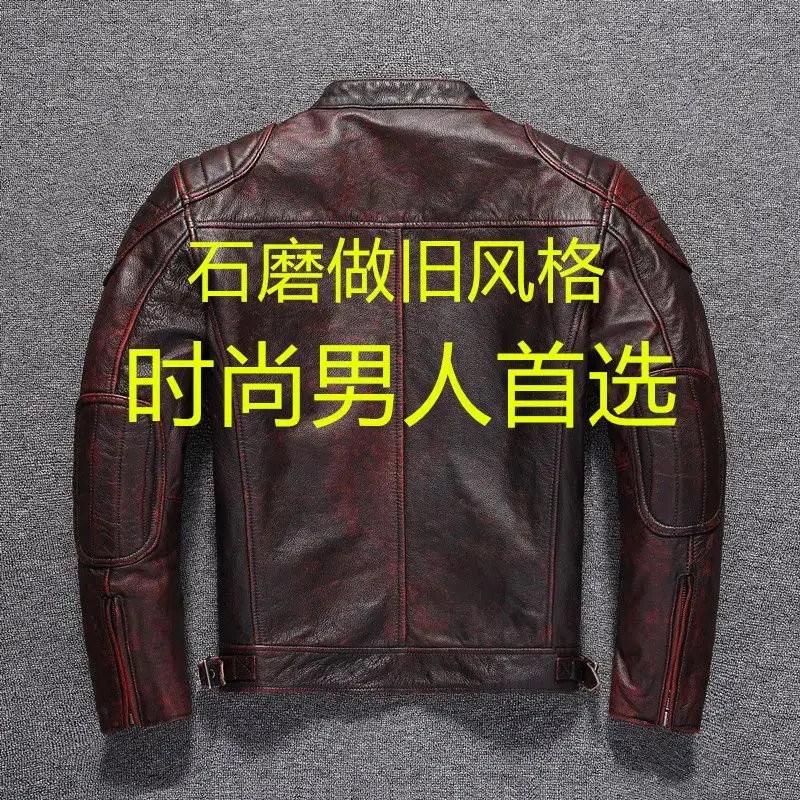 Pakistan Cowhide Leather Jacket Men Stand Collar Retro Red Brown Men's Genuine Motorcycle Man Coat Male