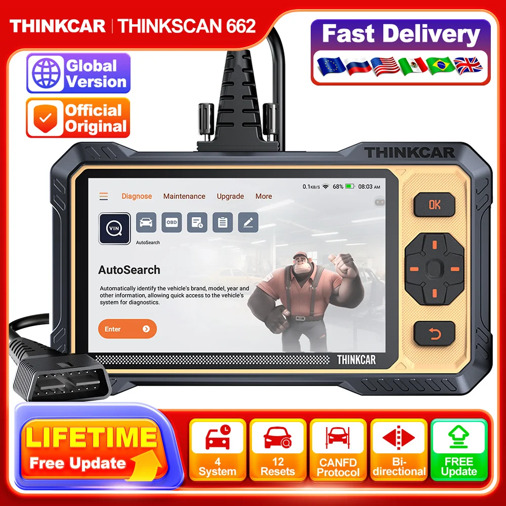 

THINKCAR THINKSCAN 662, автоматический сканер OBD2, двунаправленный тест CAN-FD ECM TCM SRS ABS, бесплатное обновление, сброс масла, автомобильные диагностические инструменты
