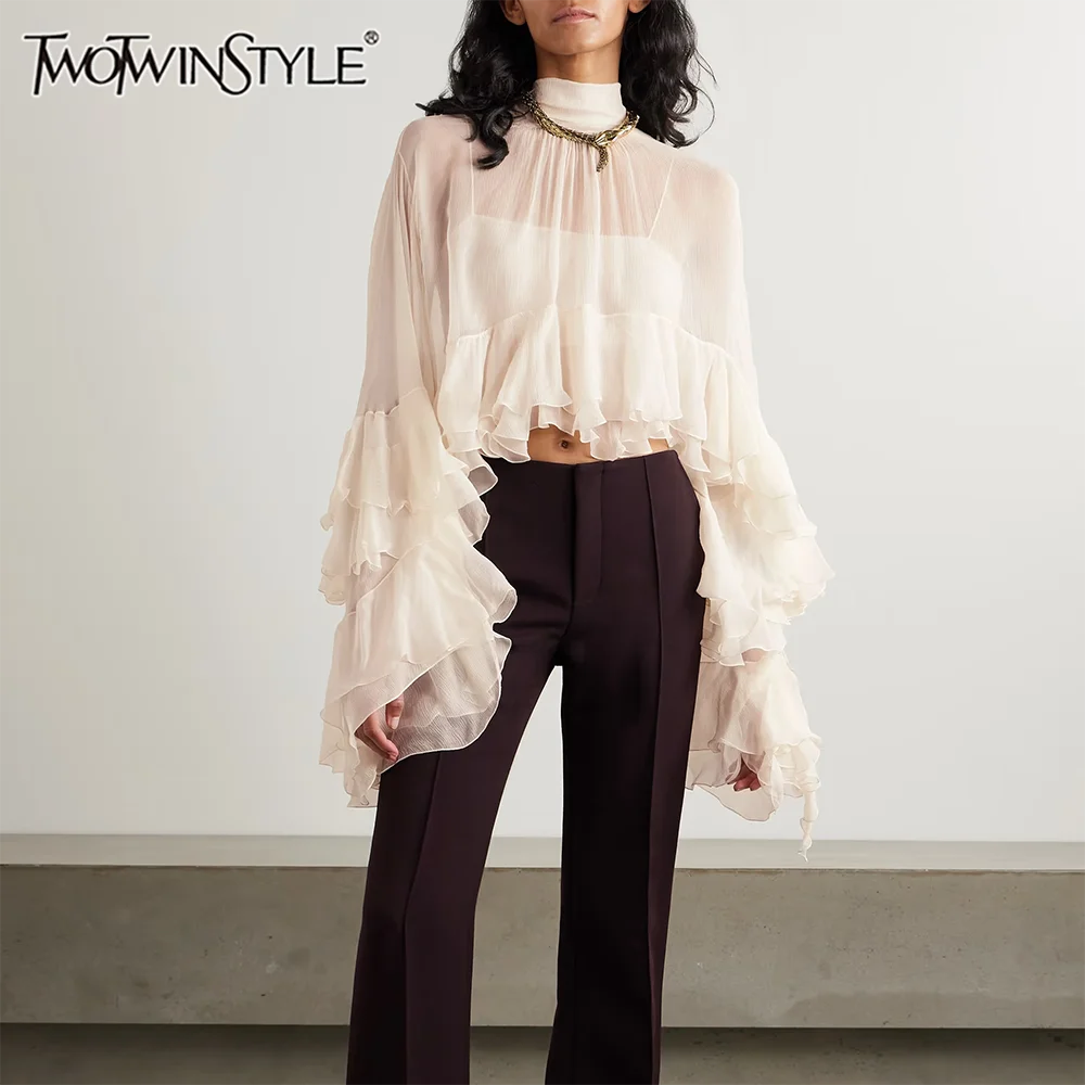 

TWOTWINSTYLE однотонные лоскутные свободные блузки с оборками для женщин, длинные рубашки без рукавов с вырезом, темпераментные минималистичные рубашки, женские новые