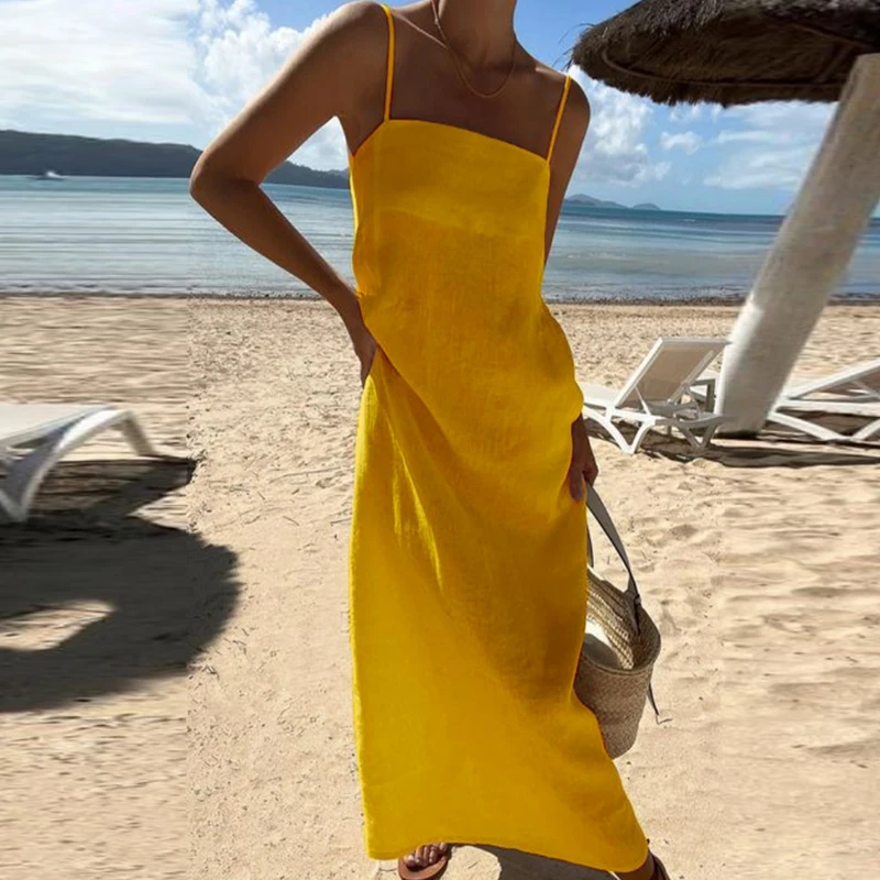 

Summer Solid Color Cotton Linen Long Dress Fashion Slash Neck Holiday Beach Sling Dress Casual Sleeveless Simple A-line Dresses