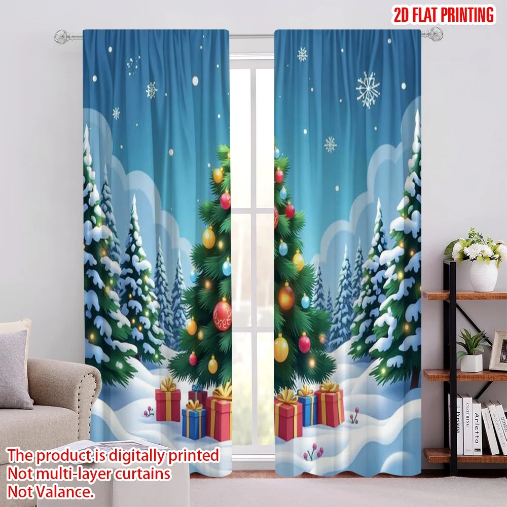 

2pcs 2D flat printing Merry Christmas Party Curtains Snow and Christmas trees Durable Polyester Without Electricity Party