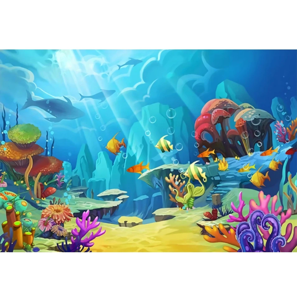 Underwater World Backdrop Seabed Fish Coral Dolphin Aquarium Tank Decor Baby Kids Birthday Party Photography Background Banner