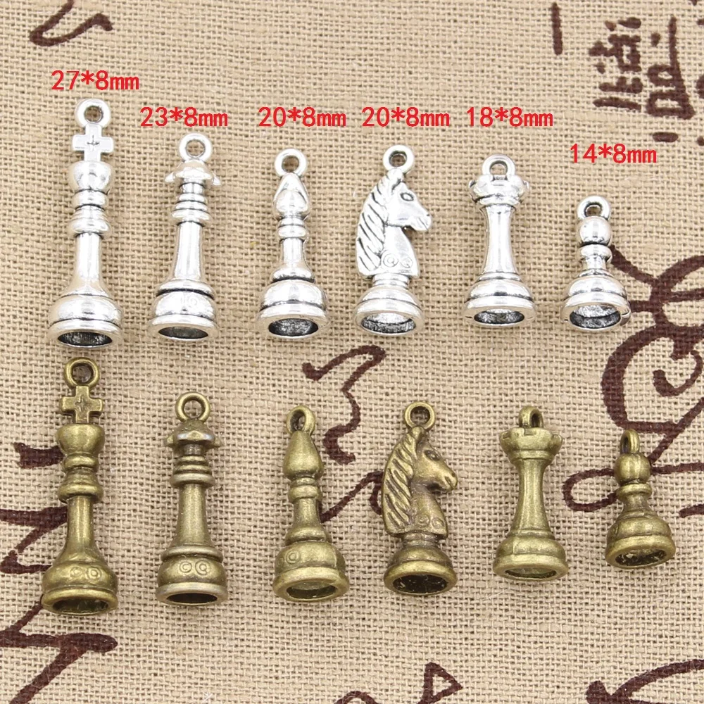 15pcs Charms Chess King Queen Rook Knight Bishop Pawn Pendant Making fit,Vintage Tibetan Bronze Silver color,DIY For Necklace
