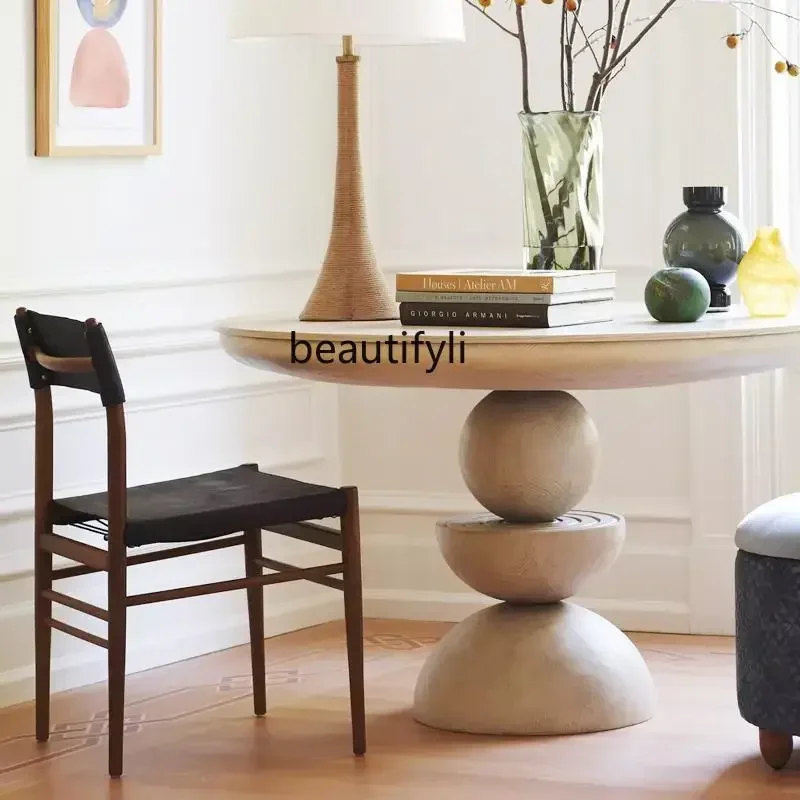 

l Solid wood dining table, retro ivory white dining table, round black, modern simple hotel clubhouse negotiation table