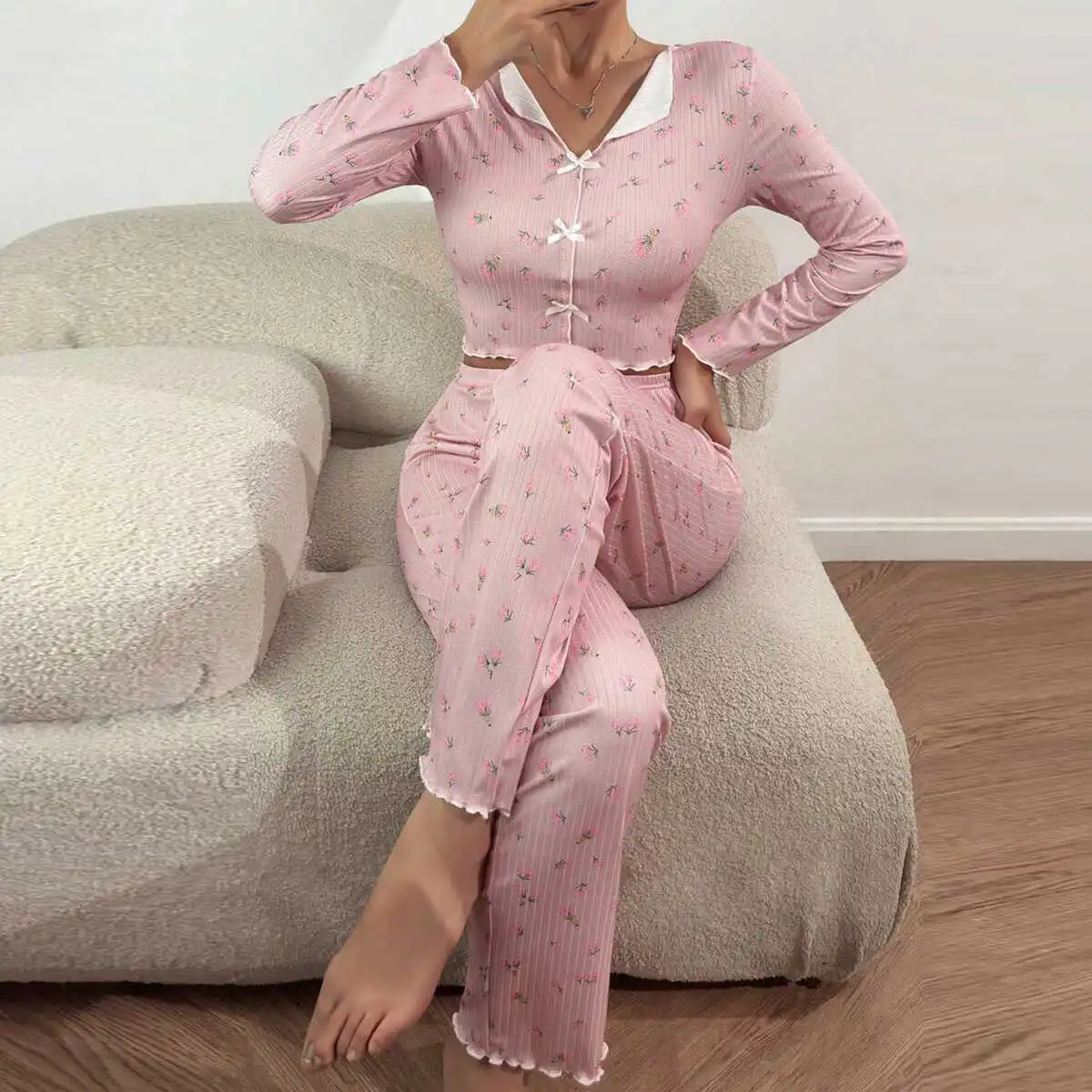 Long Sve Turn-down Collar Outwearable Pants Set Faionable Workwear Polyester Material V-ne Long Pants for Women 25-35 ...