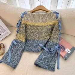 Women Sweater Chic Casual Striped Lace Up Autumn Winter Color Block Femme Pullover Korean Fashion Long Sleeve Elegant Knitwear