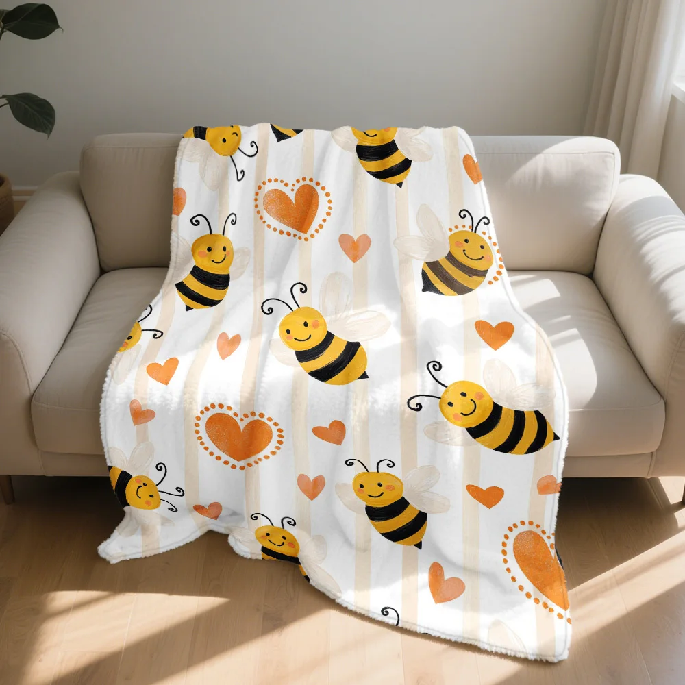1pc Warm And Cute Bee Vector Print Plush Blanket, Camping Blanket, Soft And Comfortable, Suitable for Outdoor Adventures, Car Tr