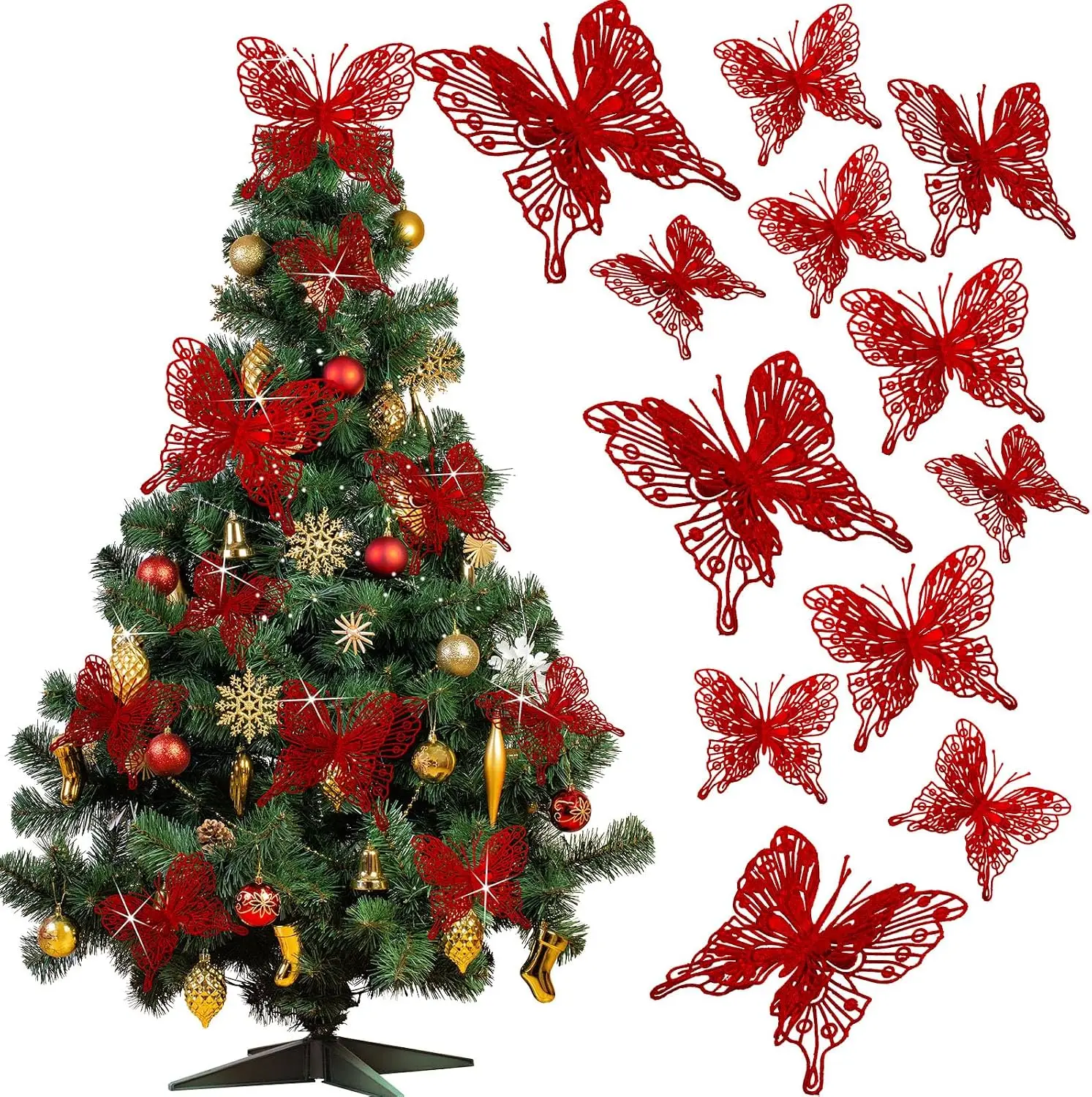 8/16Pcs Christmas Decoration Butterfly Ornaments Glitter Xmas Tree Pendant Navidad Home New Year 2026 Decor Wreath Supplies