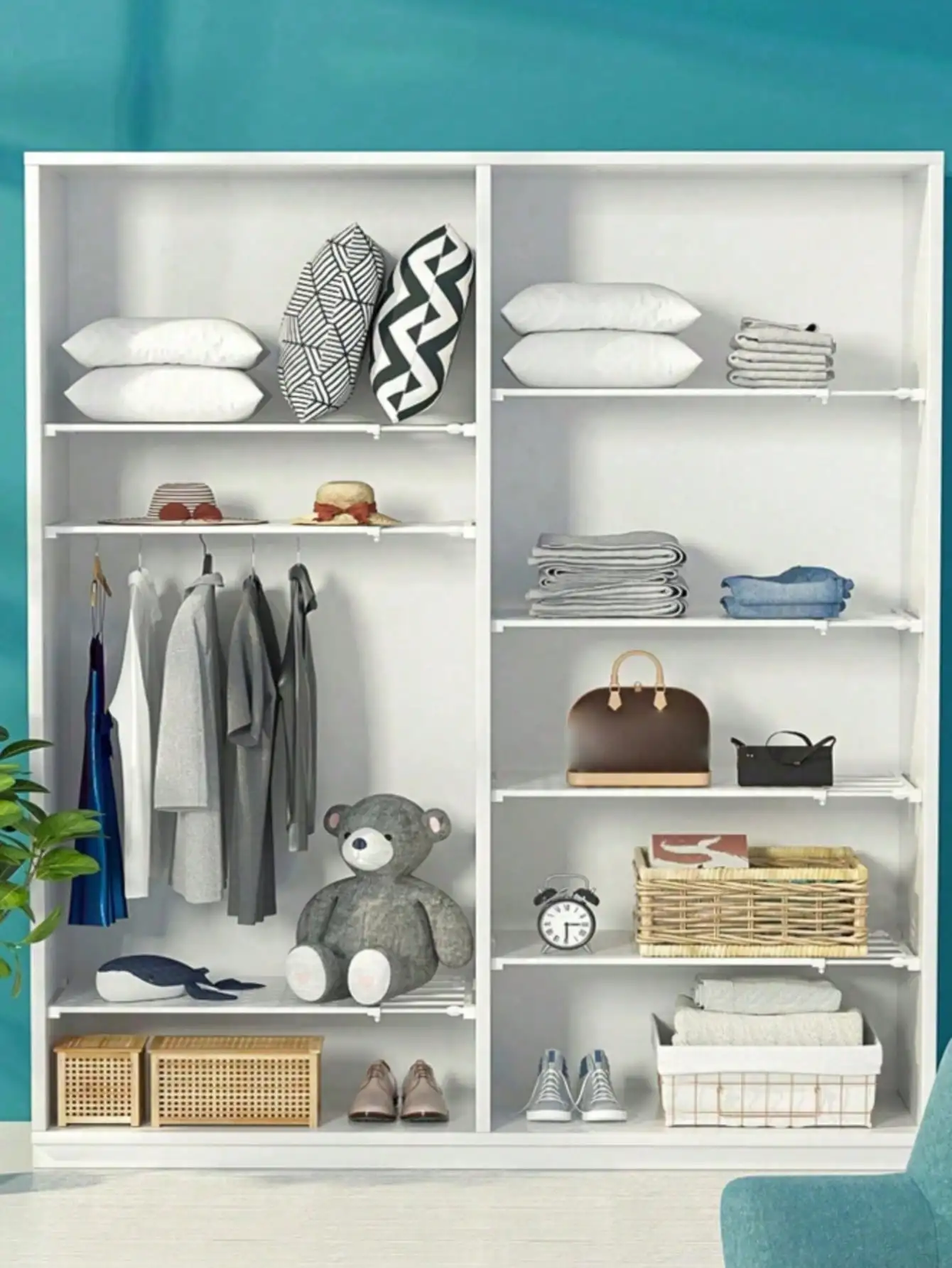 1 Pc Adjustable Closet Tension Shelf Modern White Plastic Metal No Drill Divider Rack Expandable Cabinet Storage Organizer Unit Heavy Duty Floating Shelf Holder For Wardrobe Shoe Rack Kitchen Under Sink Housewarming Gift view 4