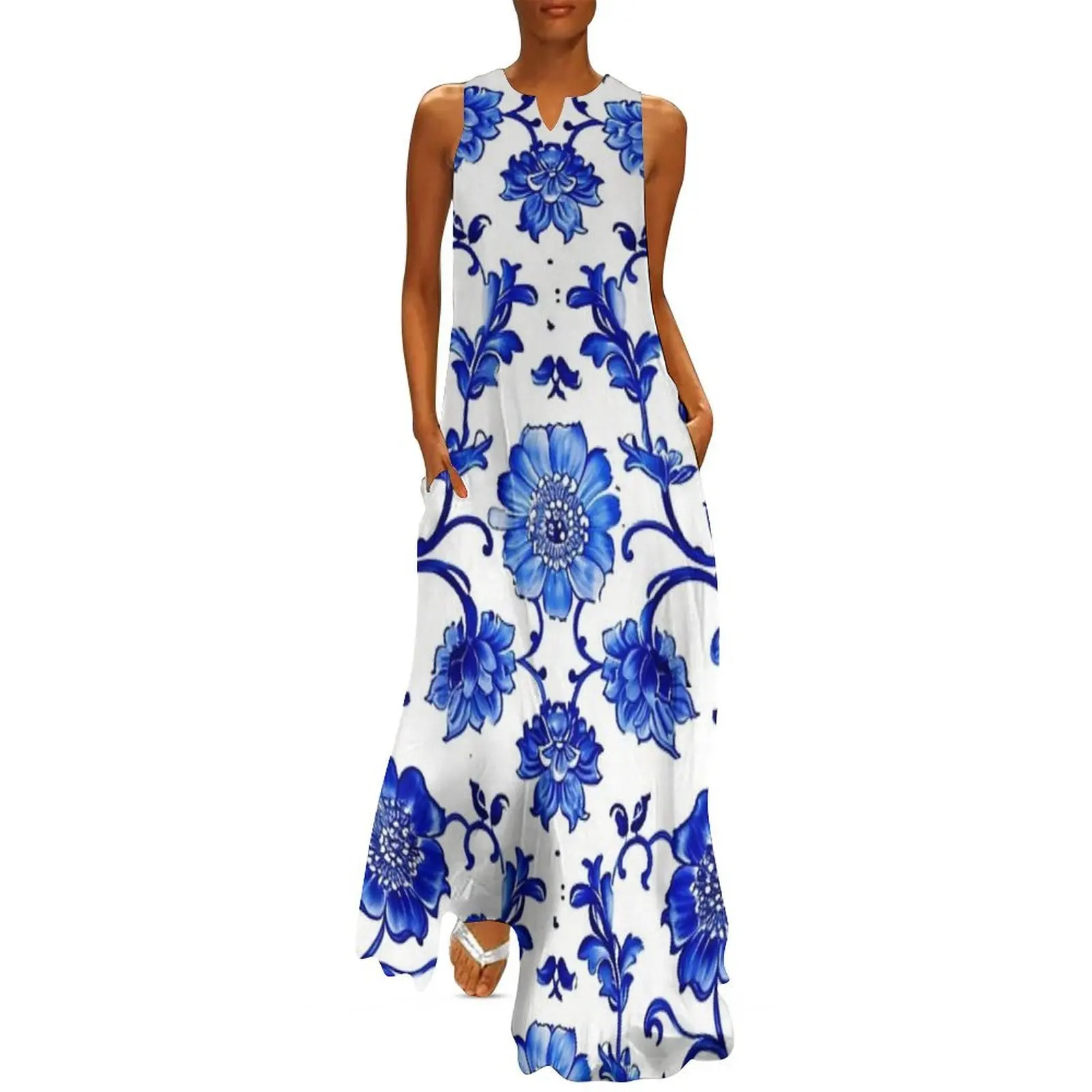 

Royal Delft Blue Flower Pattern Long Dress women formal occasion dresses summer women's suit dress for women