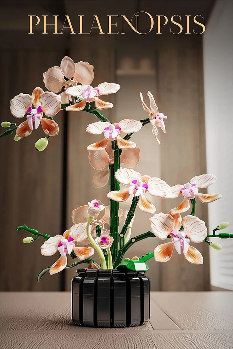 Kreativer Orchideen-Blumenstrauß, Blumen im Topf, Bausteine, unsterbliche Blume, Heim- und Schreibtischpflanzen-Dekoration, zusammenbaubares Baustein-Spielzeug, Geschenk für Teenager. – Detail 10