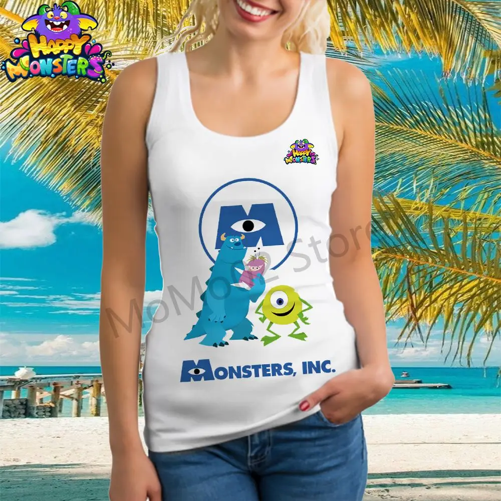 Disney Monsters Inc. Damska kamizelka T-Shirt Kawaii Topy bez rękawów Odzież uliczna Odzież damska S-3XL Moda Lato 2024 U Neck Y2k