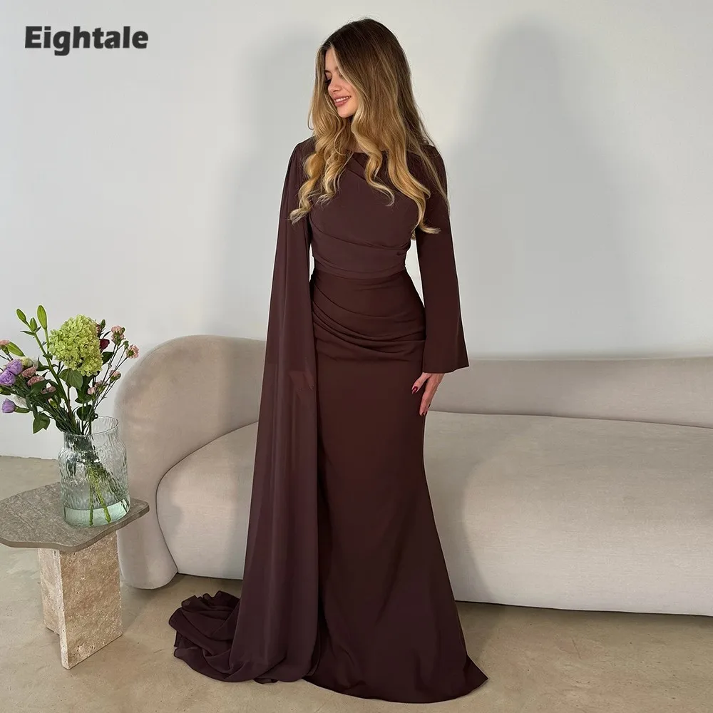 

Eightale Arabic Evening Dresses for Wedding Party O-Neck Customized Chiffon Brown Mermaid Muslim Long Sleeves Prom Gowns