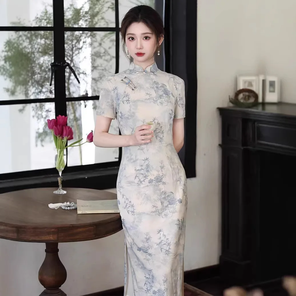 Yourqipao Summer Chinese-style Ink Painting Mesh Double-layer Long Cheongsam Short-sleeved Slimming Qipao Dress for Women