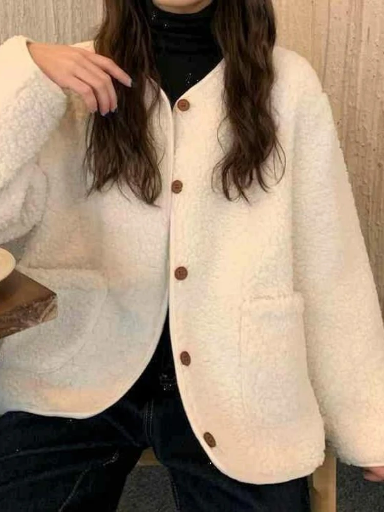 2024 Autumn Winter New Imitation Lamb Wool Thick Coat Small Fluffy Sweater for Warmth Age Reduction Slimming Casual Top Women