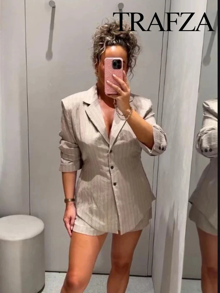 TRAFZA Женские костюмы в полоску, однобортный, с лацканами и длинными рукавами, с поясом, пиджак, пальто + шорты на молнии с карманом на средней талии, комплект из 2 предметов