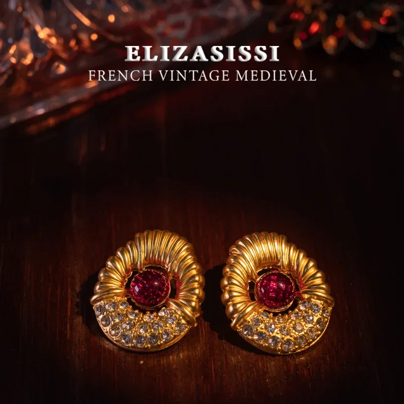 

Stylish medieval, retro high-texture design commuter jewelry with micro-zircon embedding, red glazed stud earrings